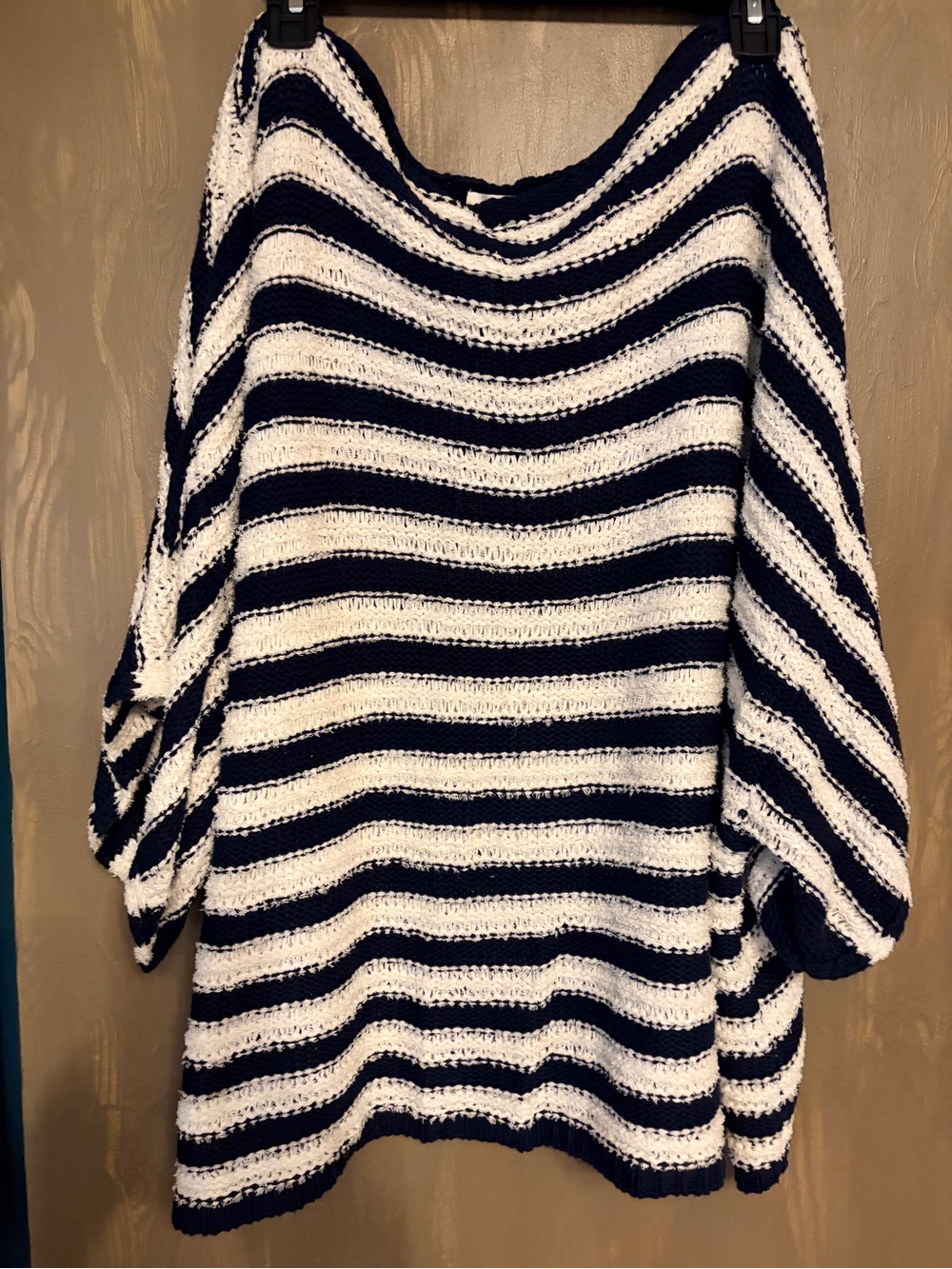 Anthropologie Navy and White Off-the-Shoulder Striped Sweater